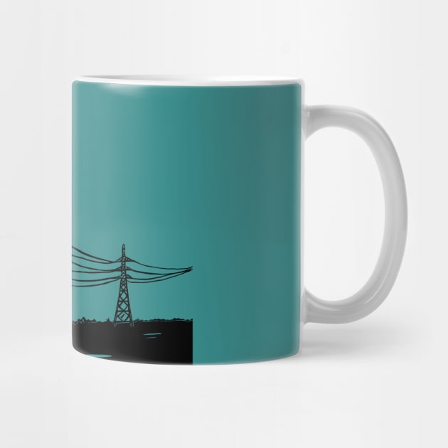 Pylons Linocut Silhouette on teal by Maddybennettart